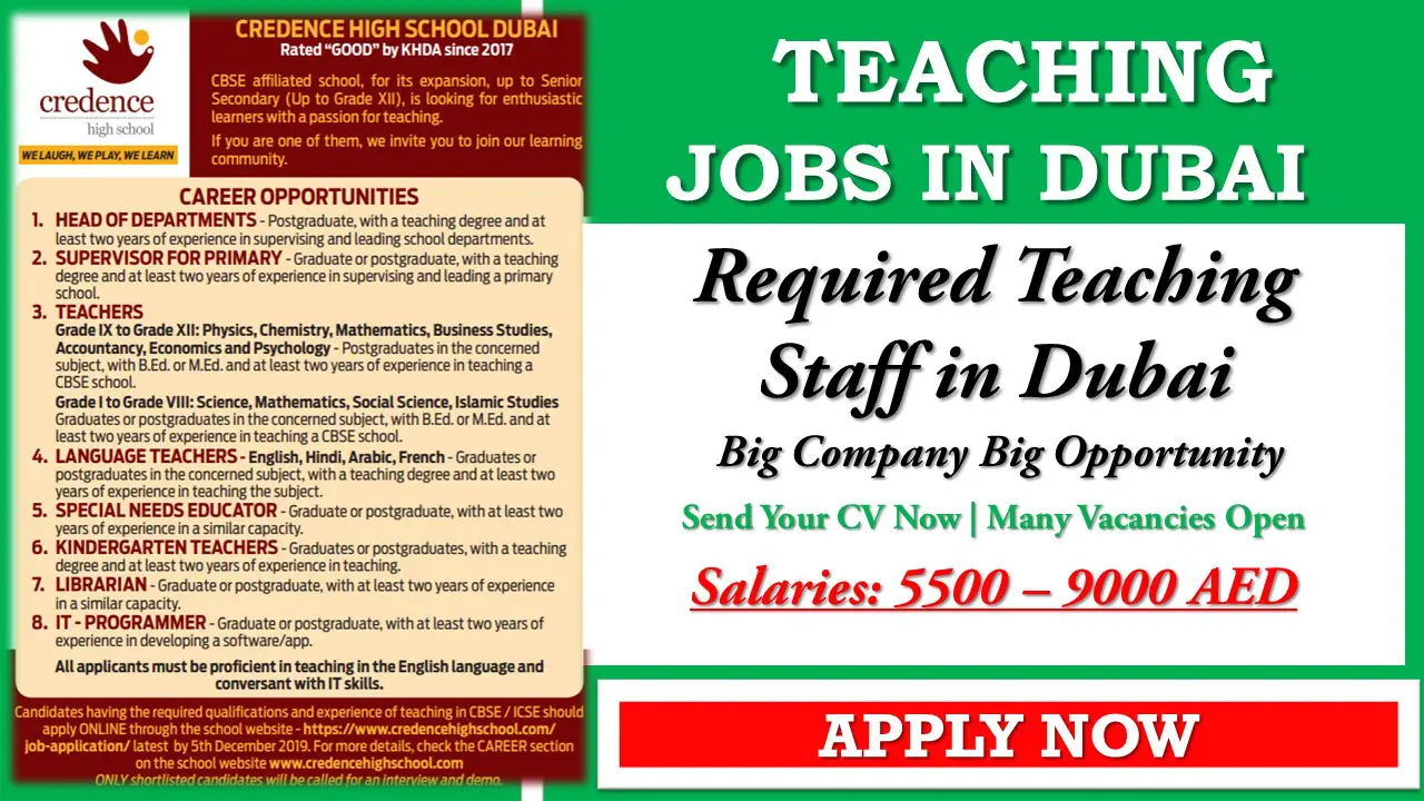 Credence High School Dubai Vacancies 2023 Teaching Staff Required Now